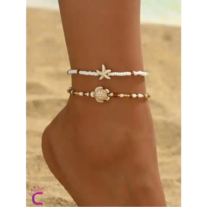 2li Kombin Caretta Bohem Gold Bakır Boncuklu Halhal - Deniz Yıldızlı Plaj Aksesuar Ayak Takısı