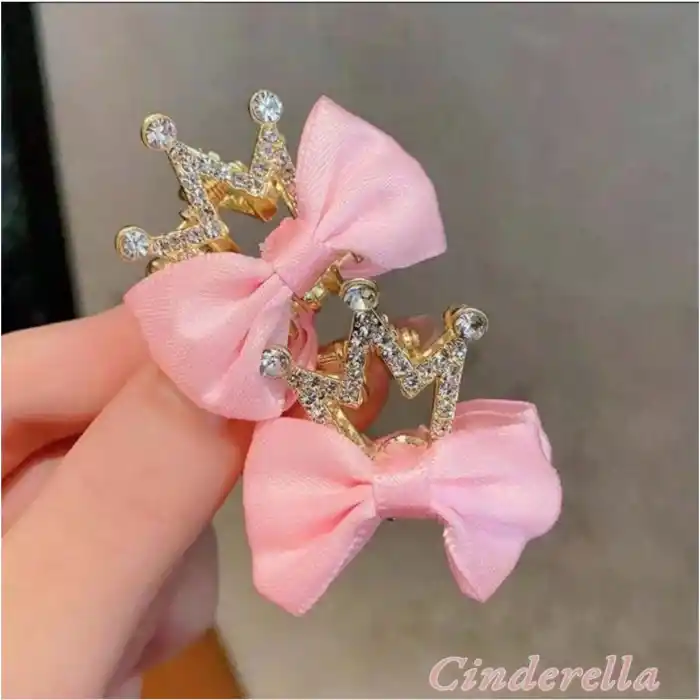 2li Kurdele Kraliçe Taçlı Kristal Taşlı Çocuk Pençe Toka Pembe - Kız Çocuk Doğum Günü Saç Aksesuarı
