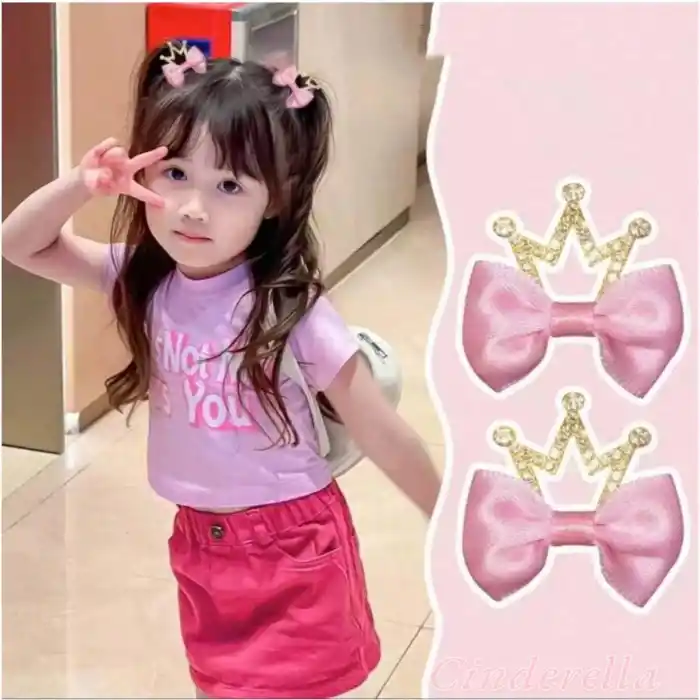 2li Kurdele Kraliçe Taçlı Kristal Taşlı Çocuk Pençe Toka Pembe - Kız Çocuk Doğum Günü Saç Aksesuarı