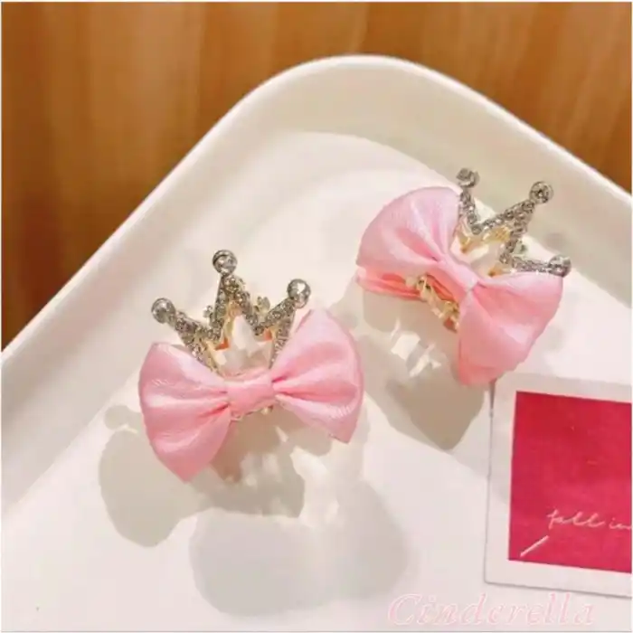 2li Kurdele Kraliçe Taçlı Kristal Taşlı Çocuk Pençe Toka Pembe - Kız Çocuk Doğum Günü Saç Aksesuarı