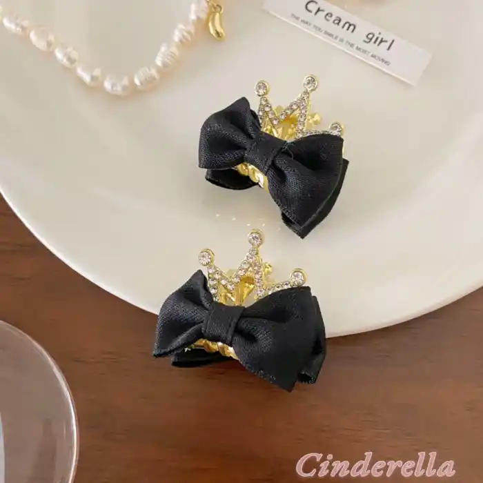 2li Kurdele Kraliçe Taçlı Kristal Taşlı Çocuk Pençe Toka Siyah - Kız Çocuk Doğum Günü Saç Aksesuarı