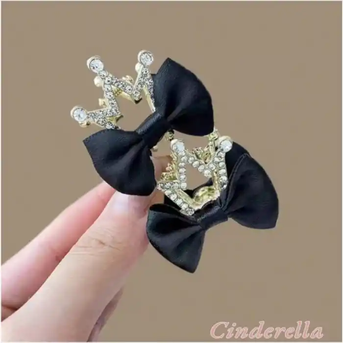 2li Kurdele Kraliçe Taçlı Kristal Taşlı Çocuk Pençe Toka Siyah - Kız Çocuk Doğum Günü Saç Aksesuarı