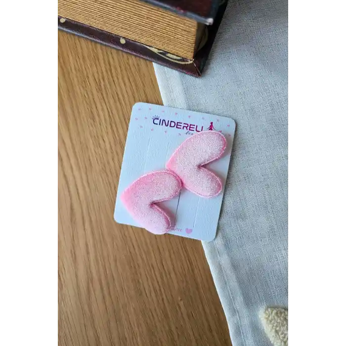 2li Pembe Kalpli Saçsız Bebek Tokası - Az Saçlı Kız Bebek Toka Seti Çıtçıtlı Yenidoğan Tokası