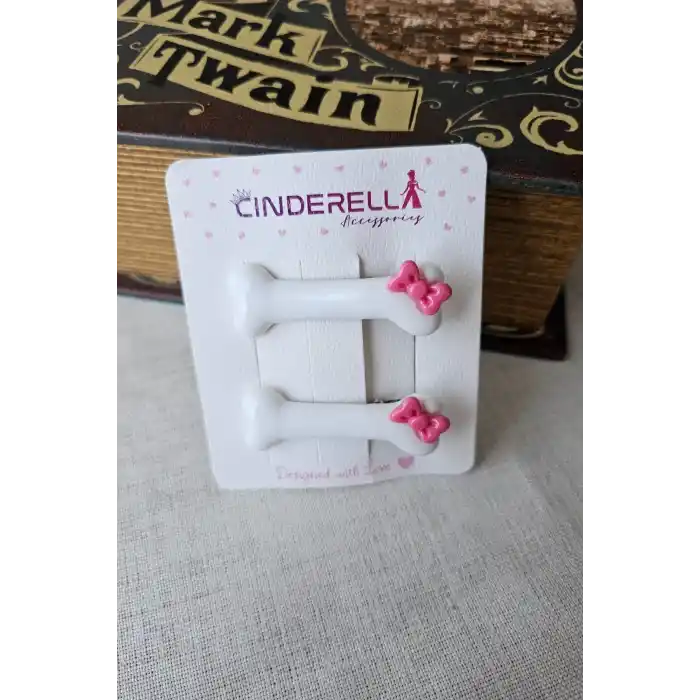 2li Pembe Kurdele Fiyonklu Beyaz Kemik Tasarım Pens Toka - Sevimli Kedi Köpek Tokası Saç Aksesuarı