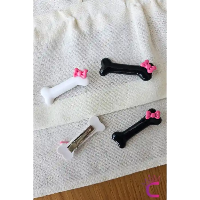 2li Pembe Kurdele Fiyonklu Beyaz Kemik Tasarım Pens Toka - Sevimli Kedi Köpek Tokası Saç Aksesuarı