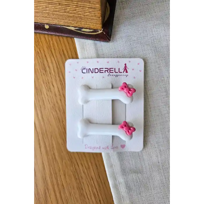 2li Pembe Kurdele Fiyonklu Beyaz Kemik Tasarım Pens Toka - Sevimli Kedi Köpek Tokası Saç Aksesuarı