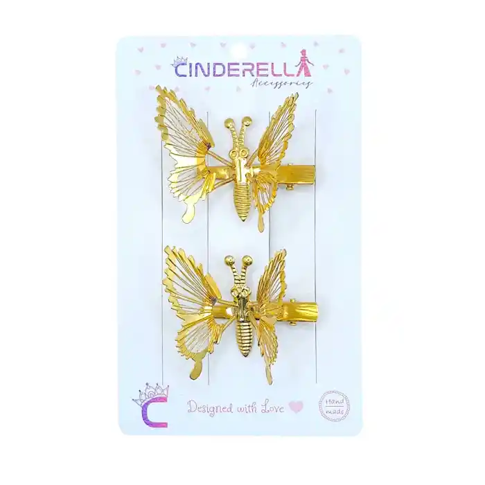 2li Retro Kanatları Sallanan Kelebek Toka Seti Gold Metal - Hareketli Kelebekli Pens Saç Tokası