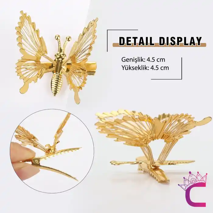2li Retro Kanatları Sallanan Kelebek Toka Seti Gold Metal - Hareketli Kelebekli Pens Saç Tokası