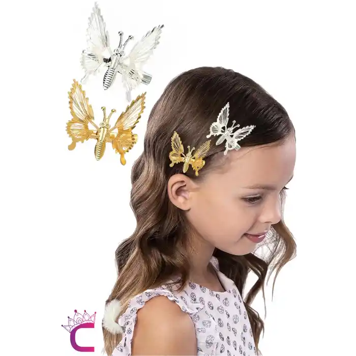 2li Retro Sallanan Kelebek Toka Metal Gold Gümüş - Hareketli Kanatlı Çocuk Kelebekli Saç Tokası