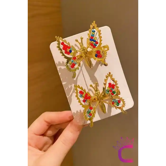 2li Retro Sallanan Kelebek Toka Renkli Boncuklu Gold Metal - Hareketli Kanatlı Kelebekli Saç Tokası