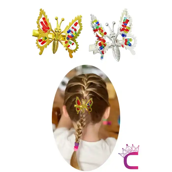 2li Retro Sallanan Metal Kelebek Toka Boncuklu Gold Gümüş - Hareketli Kanatlı Kelebekli Saç Tokası