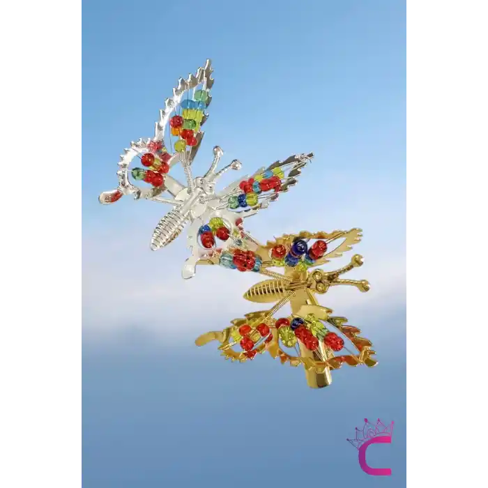 2li Retro Sallanan Metal Kelebek Toka Boncuklu Gold Gümüş - Hareketli Kanatlı Kelebekli Saç Tokası