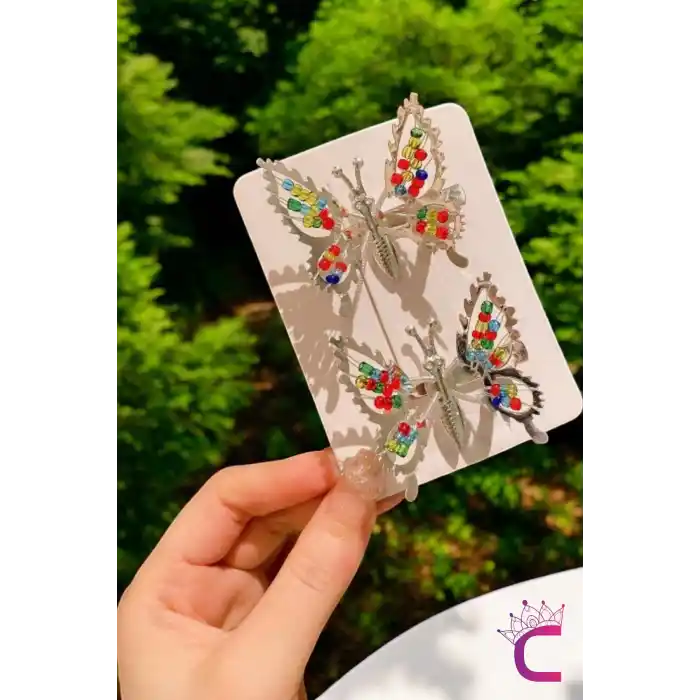 2li Retro Sallanan Metal Kelebek Toka Boncuklu Gümüş - Hareketli Kanatlı Kelebekli Çocuk Saç Tokası