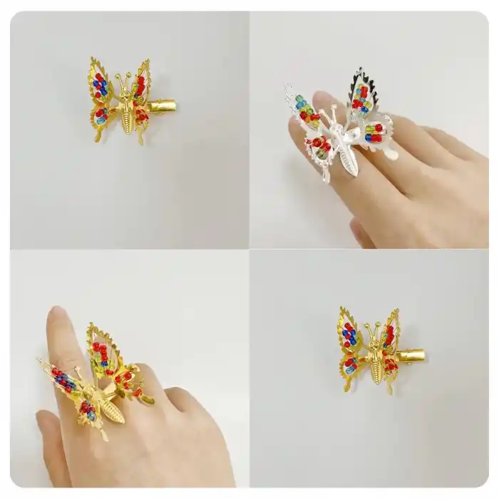 2li Retro Sallanan Metal Kelebek Toka Boncuklu Gümüş - Hareketli Kanatlı Kelebekli Çocuk Saç Tokası