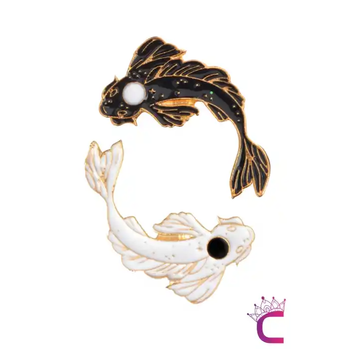 2li Siyah Beyaz Koi Balık Broş Seti - Hediyelik Erkek Kadın Unisex Ceket Yaka İğnesi Broş