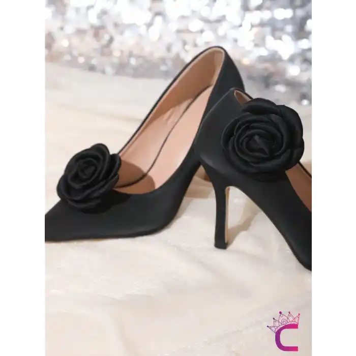 2li Siyah Gül Çiçekli Çıkarılabilir Klipsli Ayakkabı Süsü - Zarif Yaka Süsü Ayakkabı Charmı Tokası