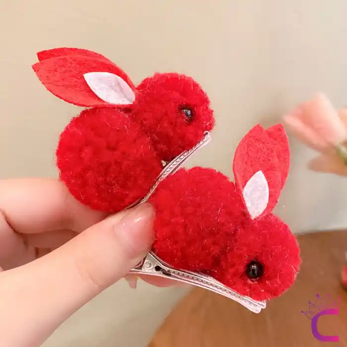 2li Tamamen Astarlı Peluş Tavşanlı Çocuk Toka Seti Kırmızı - Kız Bebek Klipsli Pens Yan Saç Tokası