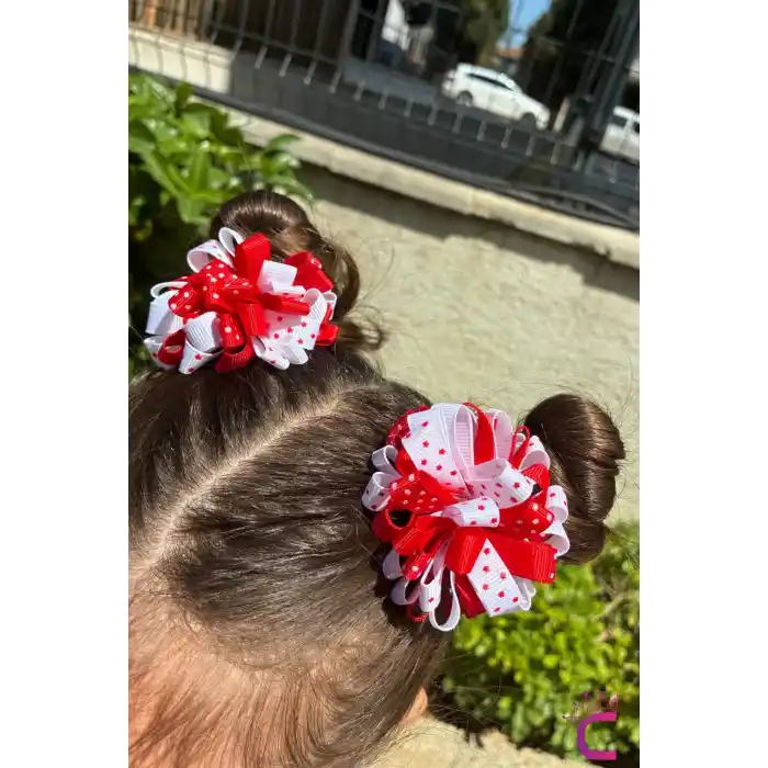 2li Yıldızlı Kırmızı Beyaz Kurdele Çiçekli 23 Nisan Pens Toka Seti - 29 Ekim Bayramı Saç Tokası