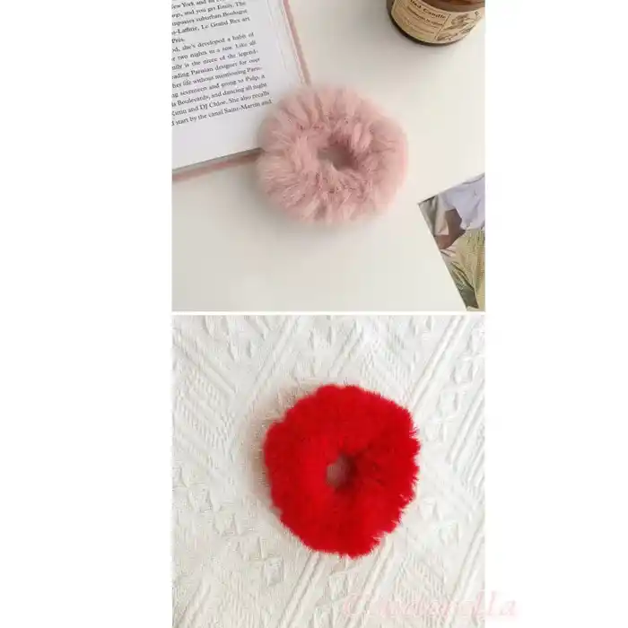 2li Yumuşak Tüylü Renkli Peluş Simit Lastik Toka - Peluş Scrunchie Lastikli Saç Tokası Renk-2