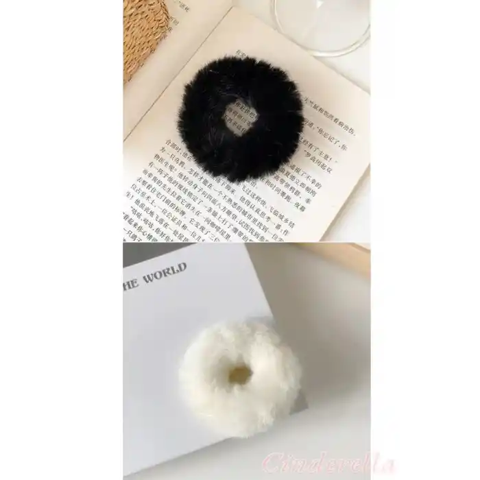 2li Yumuşak Tüylü Renkli Peluş Simit Toka - Peluş Scrunchie Lastikli Saç Tokası Renk-1
