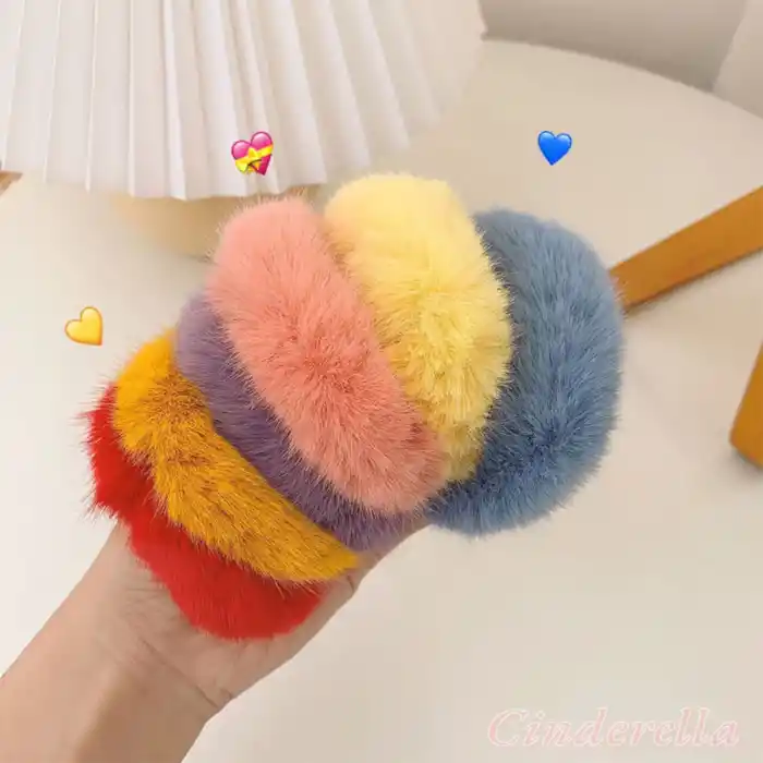 2li Yumuşak Tüylü Renkli Peluş Simit Toka - Peluş Scrunchie Lastikli Saç Tokası Renk-1