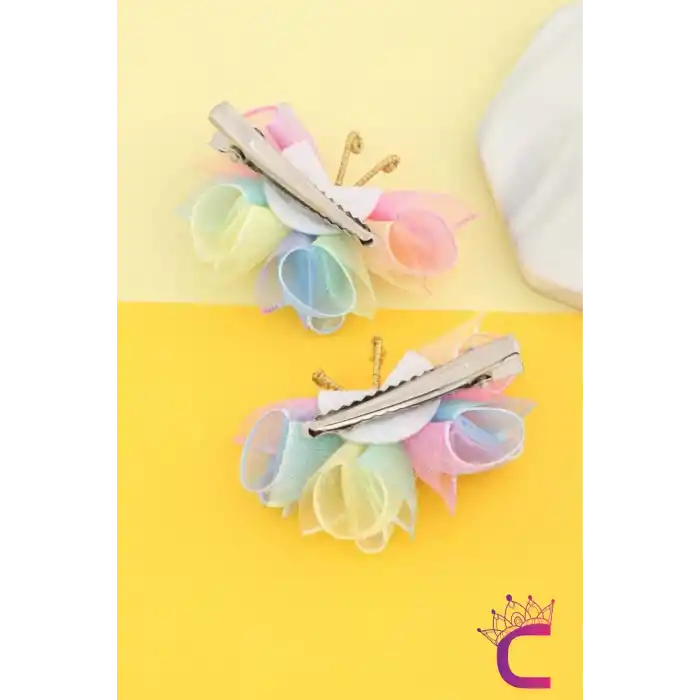 2li Zarif Gökkuşağı Renkli Tül Kelebek Toka Seti 5cm - Kız Çocuk Bebek Kelebekli Pens Saç Tokası