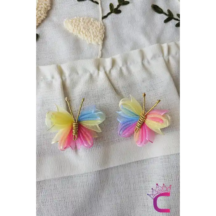 2li Zarif Gökkuşağı Renkli Tül Kelebek Toka Seti 5cm - Kız Çocuk Bebek Kelebekli Pens Saç Tokası