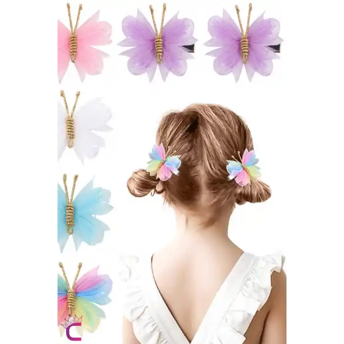 2li Zarif Gökkuşağı Renkli Tül Kelebek Toka Seti 5cm - Kız Çocuk Bebek Kelebekli Pens Saç Tokası