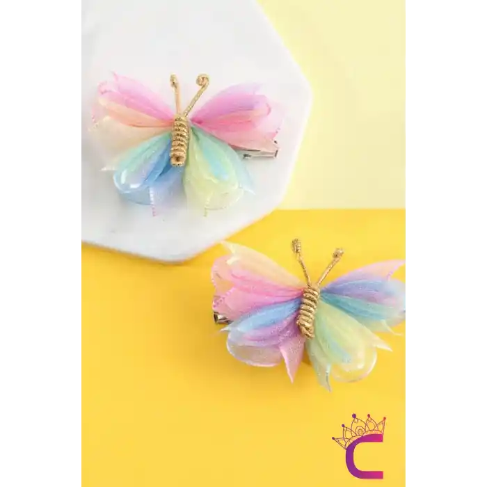 2li Zarif Gökkuşağı Renkli Tül Kelebek Toka Seti 5cm - Kız Çocuk Bebek Kelebekli Pens Saç Tokası