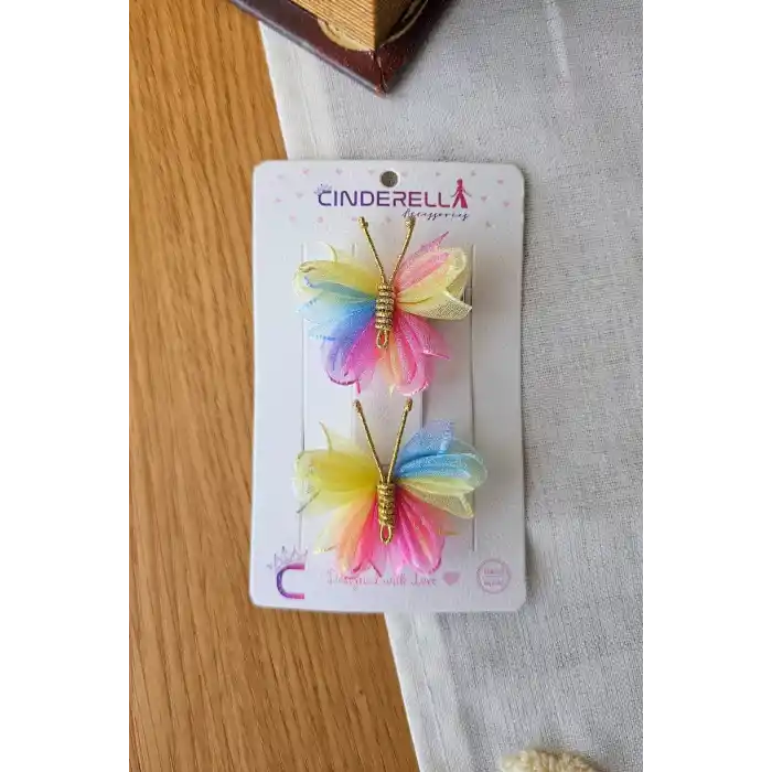 2li Zarif Gökkuşağı Renkli Tül Kelebek Toka Seti 5cm - Kız Çocuk Bebek Kelebekli Pens Saç Tokası