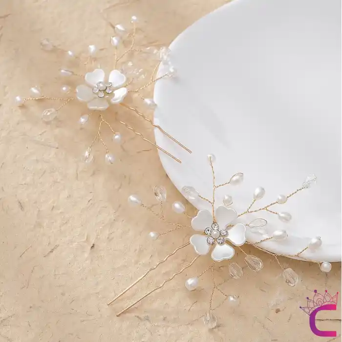 2li Zarif İncili Sedef Çiçekli Gelin Tacı Firkete Toka Gold - Düğün Nişan Nikah Söz Saç Aksesuarı