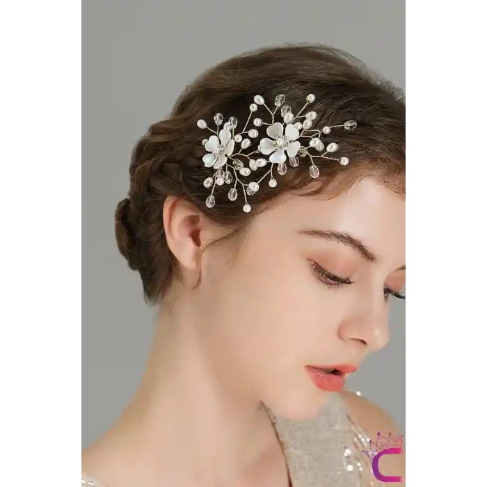 2li Zarif İncili Sedef Çiçekli Gelin Tacı Firkete Toka Gold - Düğün Nişan Nikah Söz Saç Aksesuarı