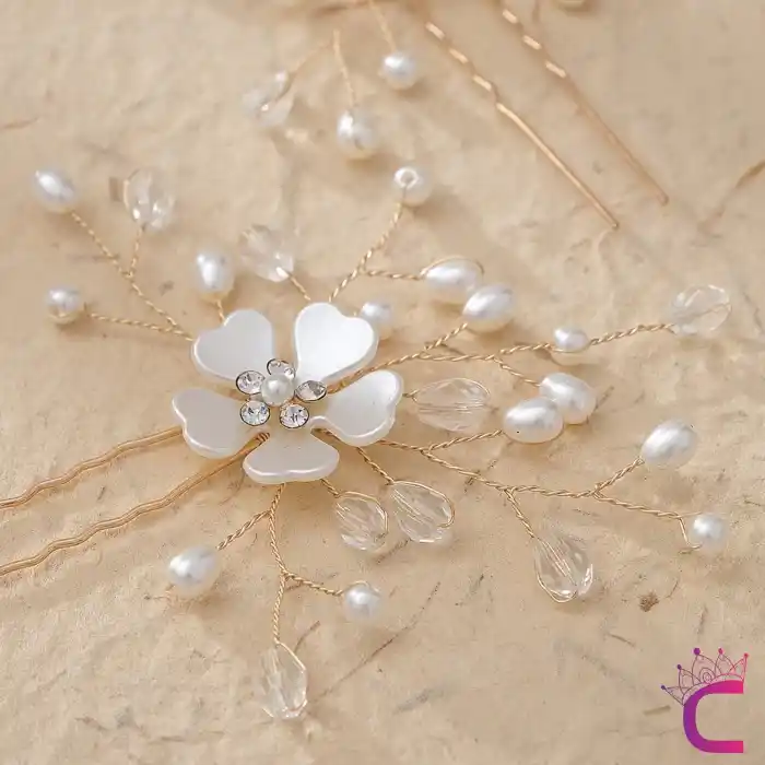 2li Zarif İncili Sedef Çiçekli Gelin Tacı Firkete Toka Gold - Düğün Nişan Nikah Söz Saç Aksesuarı