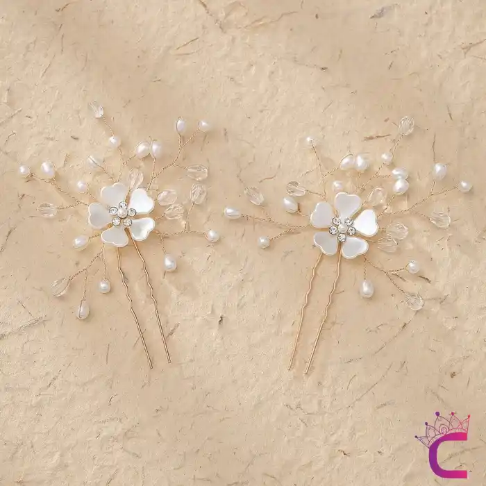 2li Zarif İncili Sedef Çiçekli Gelin Tacı Firkete Toka Gold - Düğün Nişan Nikah Söz Saç Aksesuarı