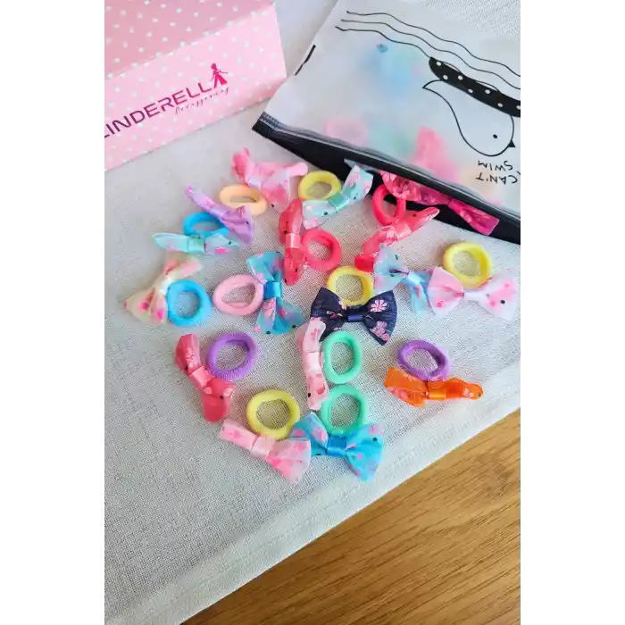 20li Çantalı Çiçekli Fiyonk Kız Bebek Yumuşak Havlu Lastik Toka Seti - Kurdeleli Çocuk Saç Tokası