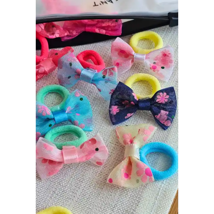 20li Çantalı Çiçekli Fiyonk Kız Bebek Yumuşak Havlu Lastik Toka Seti - Kurdeleli Çocuk Saç Tokası