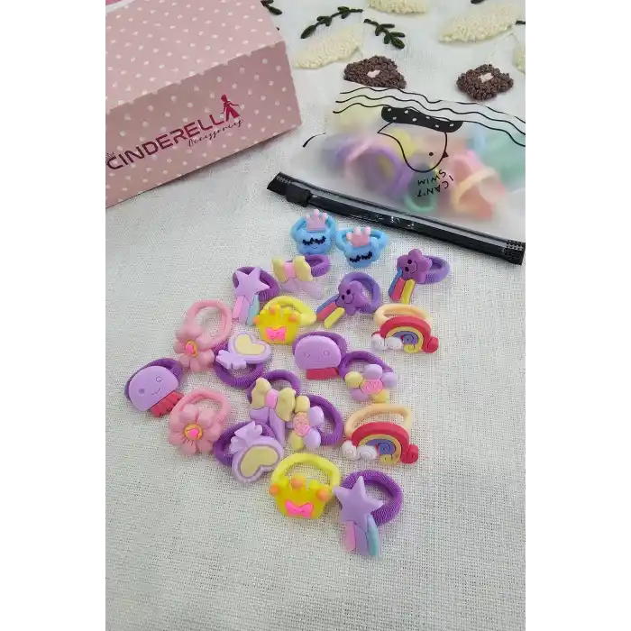 20li Çantalı Yumuşak Acıtmaz Kız Bebek Havlu Lastik Toka Seti - Renkli Çocuk Lastikli Saç Tokası