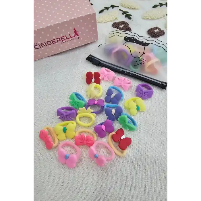 20li Çantalı Yumuşak Acıtmaz Kız Bebek Havlu Lastik Toka Seti - Renkli Çocuk Lastikli Saç Tokası