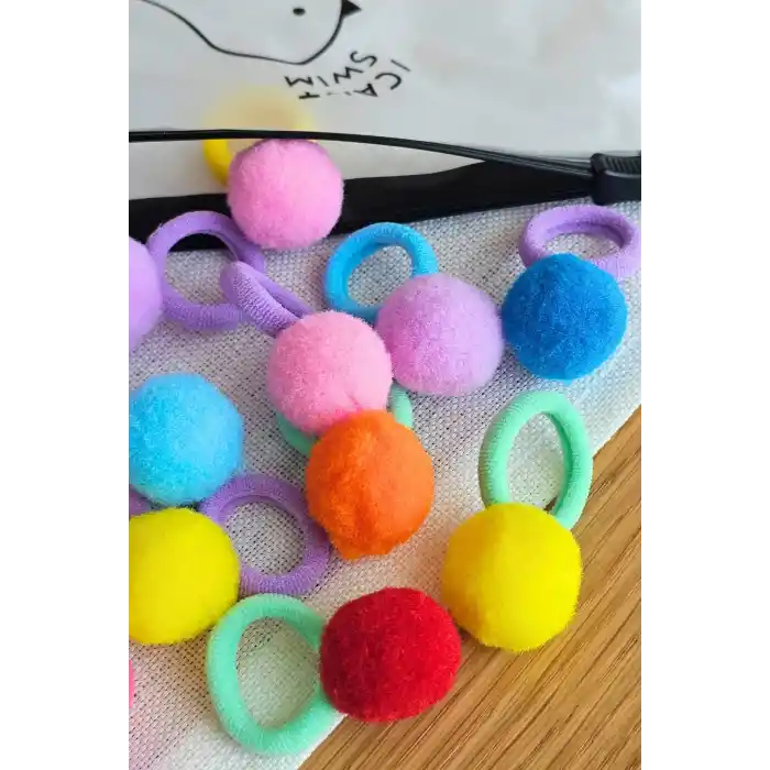 20li Çantalı Yumuşak Havlu Lastikli Renkli Ponponlu Kız Bebek Lastik Toka Seti - Çocuk Saç Tokası