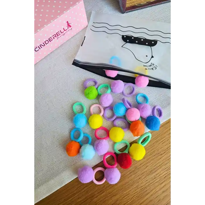 20li Çantalı Yumuşak Havlu Lastikli Renkli Ponponlu Kız Bebek Lastik Toka Seti - Çocuk Saç Tokası