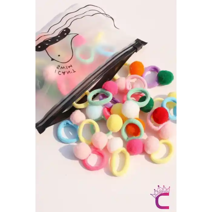 20li Çantalı Yumuşak Havlu Lastikli Renkli Ponponlu Kız Bebek Lastik Toka Seti - Çocuk Saç Tokası
