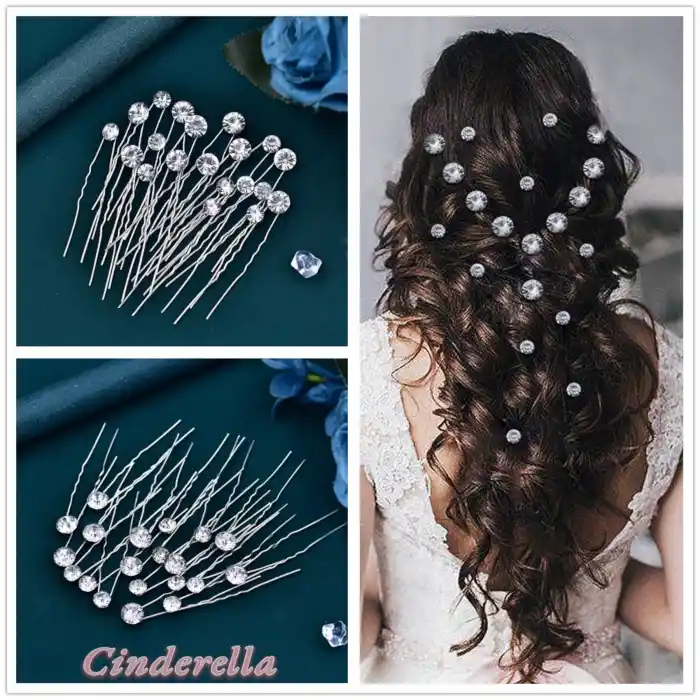 20li Rhine-Stone Taşlı Gelin Tacı Firkete Seti Gümüş - Düğün Nişan Nikah Topuz Tokası Saç Aksesuarı
