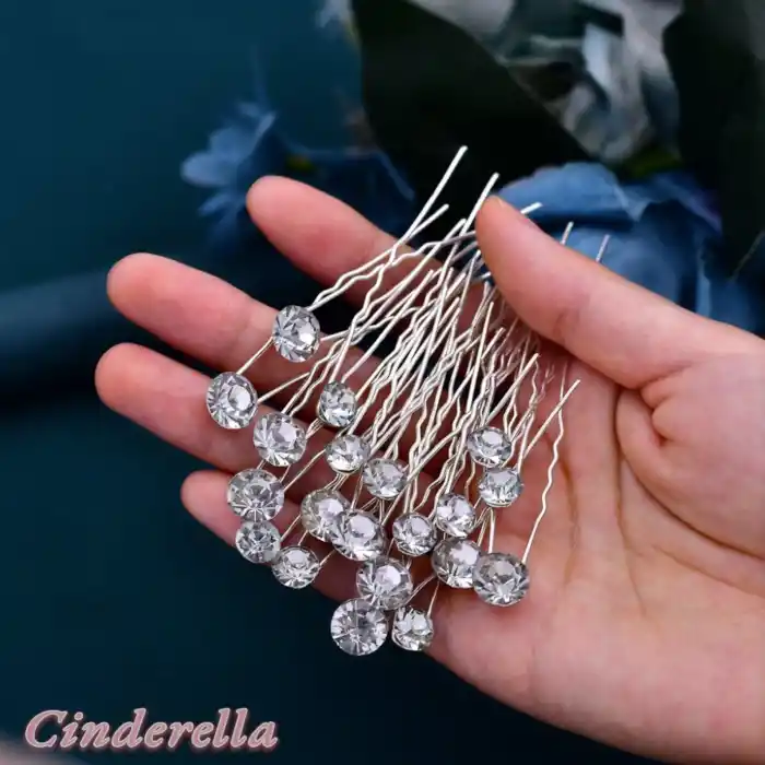 20li Rhine-Stone Taşlı Gelin Tacı Firkete Seti Gümüş - Düğün Nişan Nikah Topuz Tokası Saç Aksesuarı