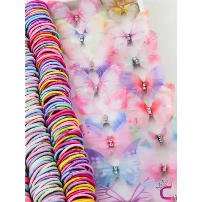 260 Parça Hediyelik Kutulu Kız Çocuk Toka Seti Doğum Günü Hediyesi Kelebekli Lastik Bebek Saç Tokası