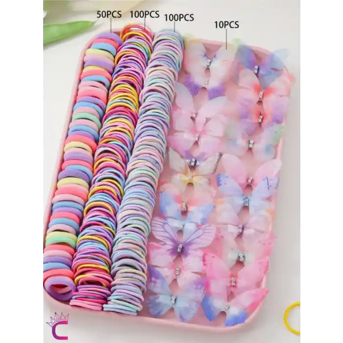 260 Parça Hediyelik Kutulu Kız Çocuk Toka Seti Doğum Günü Hediyesi Kelebekli Lastik Bebek Saç Tokası