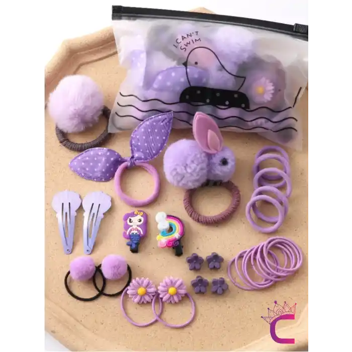 29lu Hediyelik Kız Bebek Toka Seti Lila Tonlu - Sevimli Çocuk Çıtçıtlı Pens Klips Lastik Saç Tokası