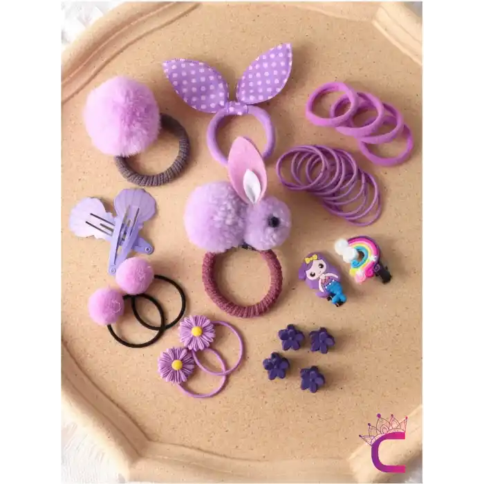 29lu Hediyelik Kız Bebek Toka Seti Lila Tonlu - Sevimli Çocuk Çıtçıtlı Pens Klips Lastik Saç Tokası