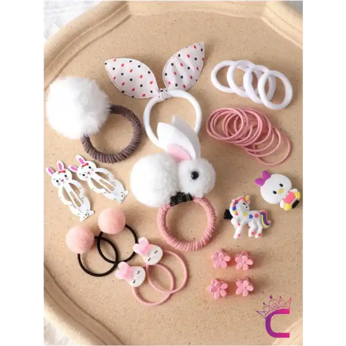 29lu Hediyelik Kız Çocuk Toka Seti Beyaz Pembe Ton - Unicorn Tavşan Ponpon Bebek Lastik Saç Tokası