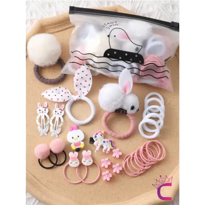 29lu Hediyelik Kız Çocuk Toka Seti Beyaz Pembe Ton - Unicorn Tavşan Ponpon Bebek Lastik Saç Tokası