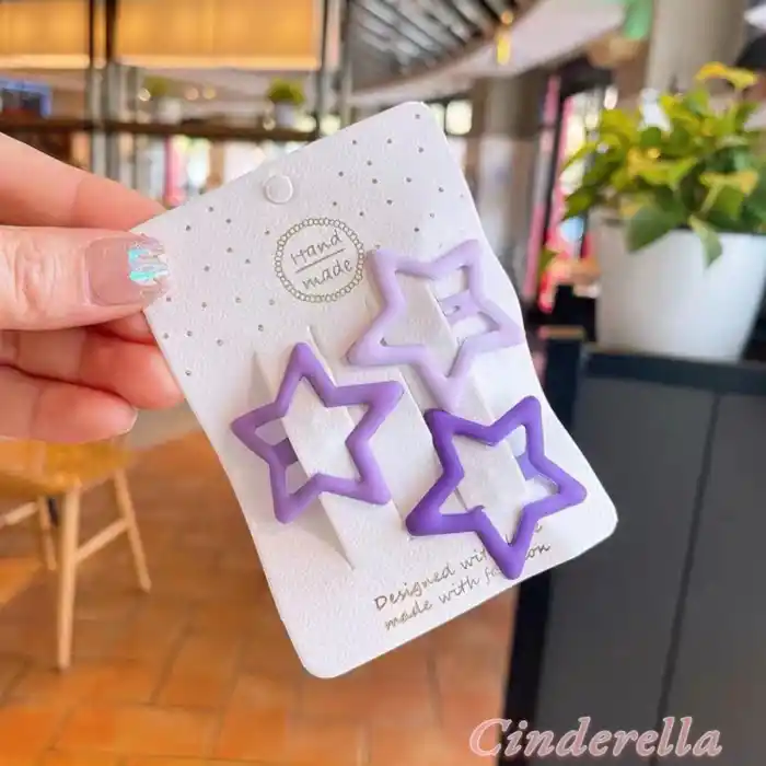 3lü Büyük Mat Soft Mor Renkli Yıldız Çıt Çıt Toka Seti 4.2cm - Yıldızlı Çıtçıtlı Çocuk Saç Tokası